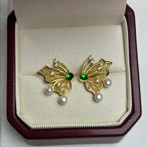 Gold Butterfly Pearl Drop Earrings|Sterling Silver Posts|Christmas Gift for Her